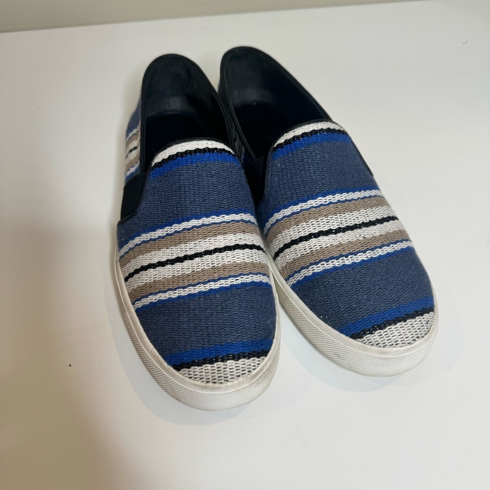 VINCE BLAIR STRIPED ROUND-TOE SLIP-ON FABRIC leather SNEAKERS